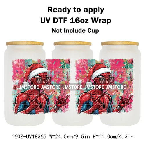 Preppy Christmas Movie Killer Cartoon Bow 16OZ UV DTF Cup Wraps Ready To Apply Waterproof Transfer Stickers For Libbey Glass Can