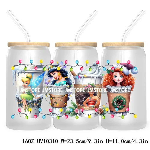 Princess Christmas Cartoon Friends 16OZ UV Cup Wrap DTF Transfer Stickers For Libbey Glass Can Cups Tumbler Magical Kingdom Vibe