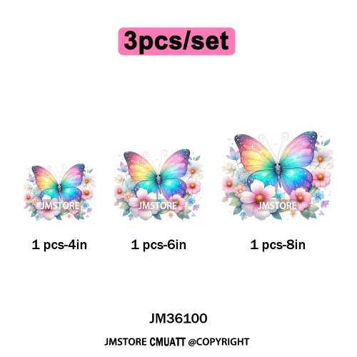 Colorful Sparkling Rainbow Butterflies Flowers Lovers Washable Iron on DTF Transfers Stickers Diy Ready to Press for Clothes