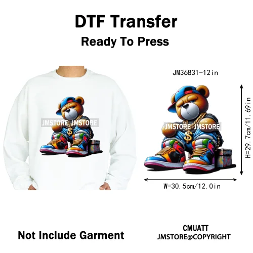 12in Hip Hop Vibes Urban Style Rich Bear With Gold Chains King Animal Iron on DTF Transfers Stickers Ready to Press for Textile