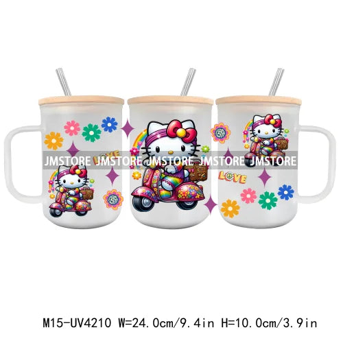 Cartoon Best Friends UV DTF Glass Can Wrap For 15OZ Mug Glass Cup Transfer Stickers DIY Custom Logo Labels Cute Cat Sunflowers