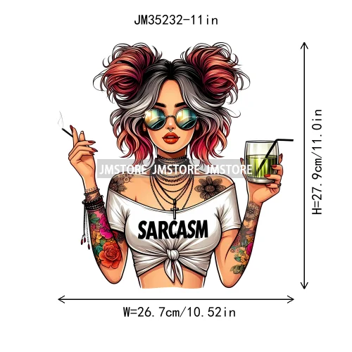 Cool Sarcasm Edgy Tattoo Idgaf Girl Iced Coffee Rebellious Women Iron on DTF Transfers Stickers Ready to Press for Clothing Bags