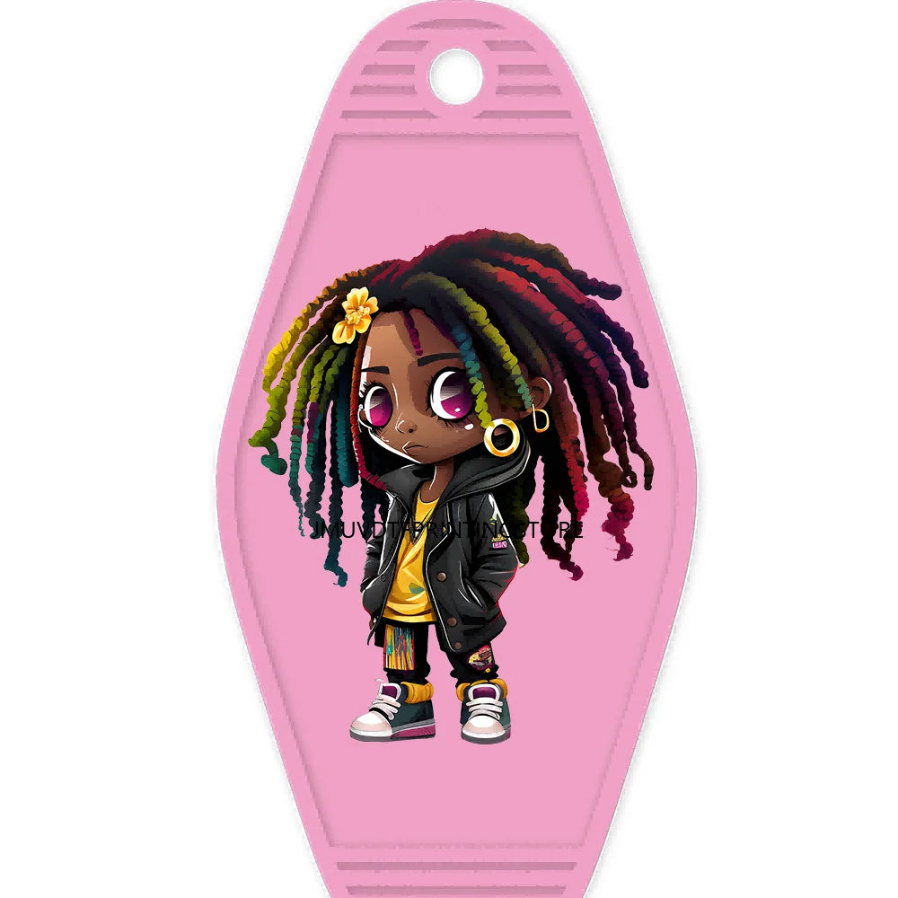 Cool Dreadlock Afro Girl High Quality WaterProof UV DTF Sticker For Motel Hotel Keychain Black Hip Hop Kids