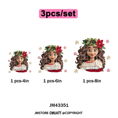 Cute Faux Knitting Yarn Princess Cartoon Character Christmas Holiday Iron on DTF Transfers Stickers Ready to Press for Hoodies