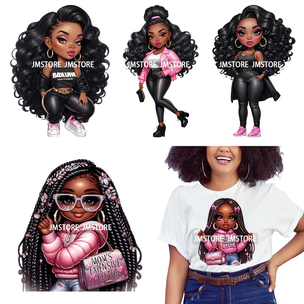 Mom Broke Bestie Little Girls Funny Quote Logos Curvy Black Afro Women Iron On DTF Transfer Stickers Ready To Press For T-shirts