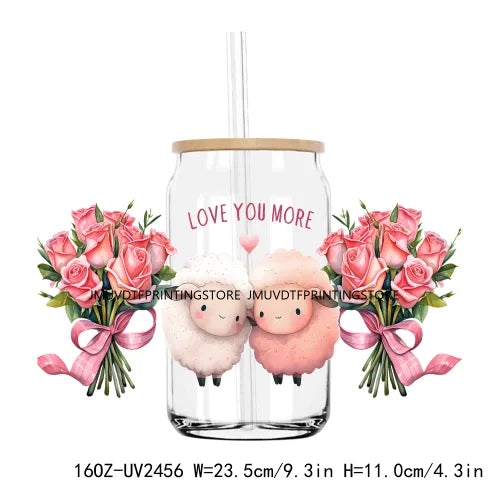 Valentine's Day Animals With Rose 16OZ UV DTF Cup Wrap Transfers Stickers Custom Labels DIY Waterproof Logo For Libbey Glass Can