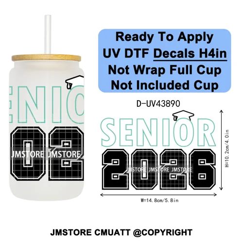 College Grad Class Of 2026 UV DTF Cup Decals Ready To Apply Transfer Stickers Durable Custom Labels For Libbey Glass Can Mugs