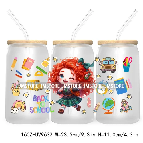 Back To School Cartoon Princess 16OZ UV Cup Wrap DTF Transfer Sticker For Libbey Glass Can Cups Tumbler Waterproof Label Teacher