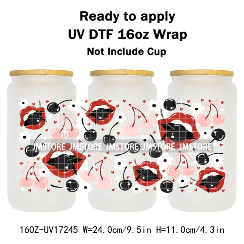 Floral Ghost Coquette Halloween Cherry Lip 16OZ UV DTF Cup Wraps Ready To Apply Waterproof Transfer Sticker For Libbey Glass Can