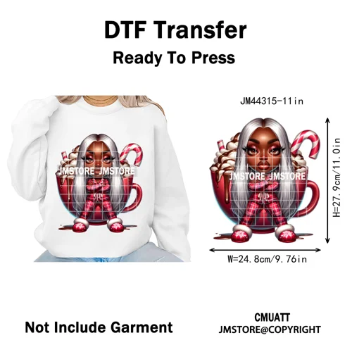 Sassy Black Girl Santa Christmas Bright Gingerbread Iron on Washable DTF Heat Transfers Stickers Ready to Press for Sweatshirts