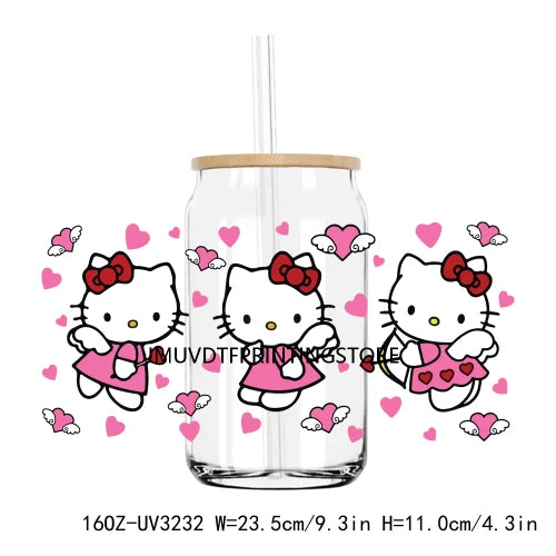 Cartoon Hello Girl Cat Valentine's Day UV DTF Sticker For 16OZ Libbey Glass Cup Can Wrap Transfer Sticker Custom Labels DIY Logo