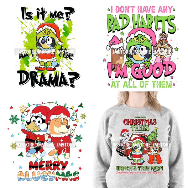 Cute Cartoon Blue Dog Family Character Merry Christmas Vibes Decals Iron On DTF Transfers Stickers Ready To Press For Sweatshirt