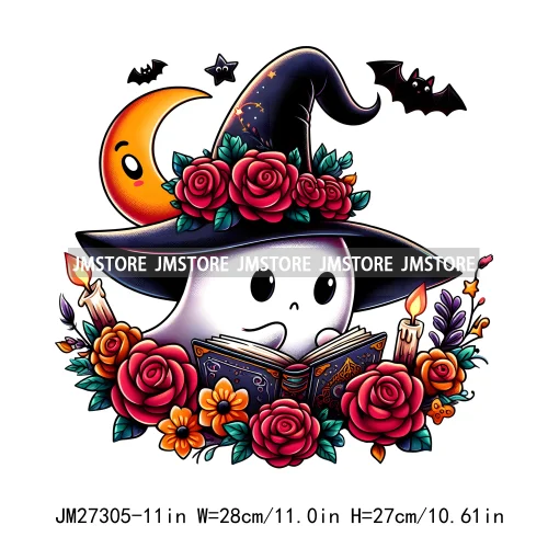 Here For The Boos Book Lover Reading Bougie Cat Dog Ghost Halloween Pumpkin DTF Decals Iron On Transfers Stickers For T-shirts