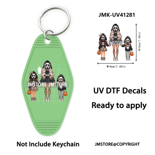 Halloween Horror Mama Kids Ghost Girl Coffee UV DTF Motel Keychain Decal Ready To Ship Transfer Sticker Print For Hotel Keychain