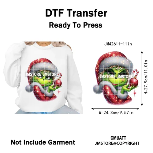 Faux Glitter Cartoon Christmas Movie Green Santa Kid Girly Xmas Iron on DTF Washable Transfer Sticker Ready to Press for Textile