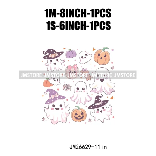 Colorful Halloween Spooky Season Cute Ghost Pumpkin Girly Coquette Bow DTF Iron On Transfers Stickers Ready To Press For T-shirt