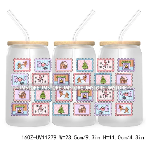 Happy New Year Christmas Tree Gingerbread 16OZ UV Cup Wrap DTF Transfer Stickers For Libbey Glass Can Cups Tumbler Waterproof