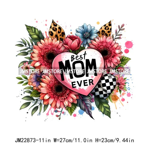 Best Mom Ever Floral Heart Iron On Logos Mother's Day Leopard Mama DTF Printing Transfer Stickers For Clothing