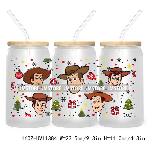 Cute Kids Cartoon Character With Christmas Lights Tree Xmas Holiday UV DTF Transfer 16OZ Libbey Glass Can Wrap Ready to Apply