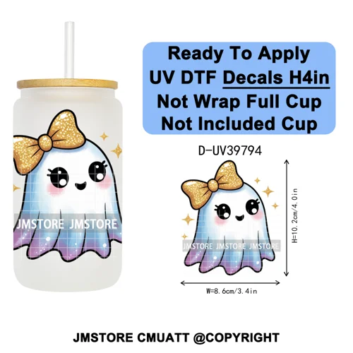 Cute Halloween Witch Ghost Sweet Boo UV DTF Decals Ready To Apply Waterproof Transfer Stickers Prints For 16OZ Libbey Glass Can