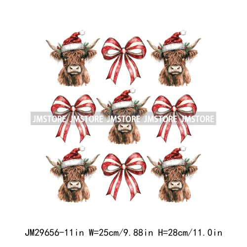 Christmas Santa Red Coquette Highland Cow Xmas Holly Jolly Vibes Iron On DTF Transfers Stickers Ready To Press For T-shirts