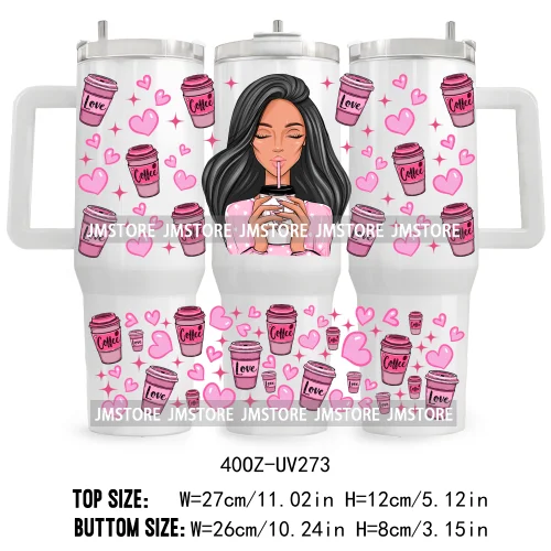 40OZ Tumbler Wrap Girl With Coffee UV DTF Cup Wraps Transfer Stickers Custom Labels Durable Waterproof Logo Pink Drinks Lady