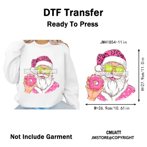 Pink Cartoon Glasses Coffee Drink Leopard Blowing Santa Claus Christmas Iron on DTF Transfer Stickers Ready to Press for T-shirt