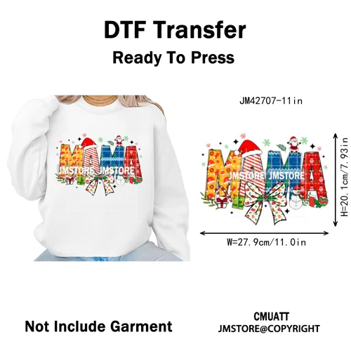 Colorful Christmas Mama Claus Coquette Candy Cane Santa Iron on DTF Washable Transfers Stickers Ready to Press for T-shirts