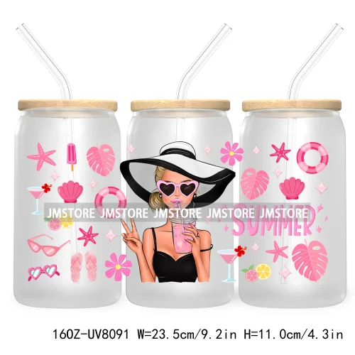 Hot Girl Summer Lady UV DTF Sticker For 16OZ Libbey Glass Cup Can Wrap Transfer Stickers Custom Labels DIY Logo Woman With Hat