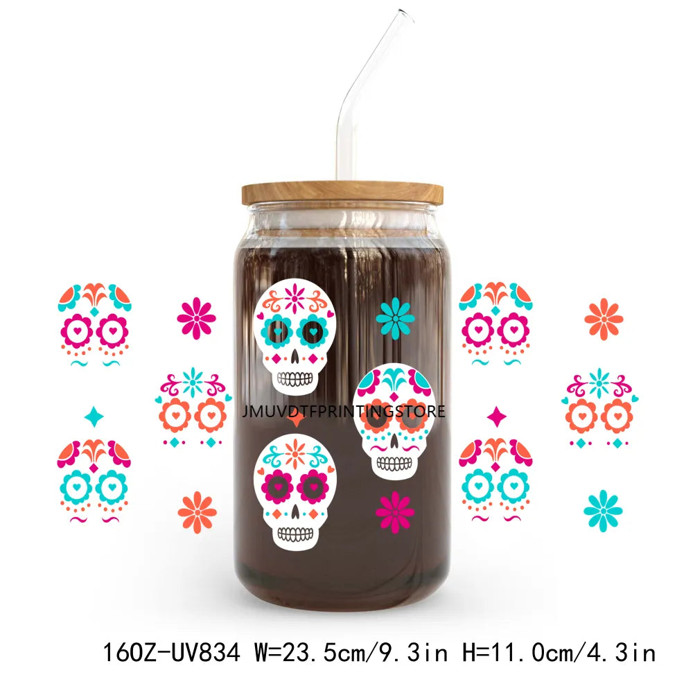 Mexican Sugar Skull 16OZ UV DTF Cup Wrap Transfers Stickers Custom Labels DIY Durable Waterproof Logo For Libbey Glass Can