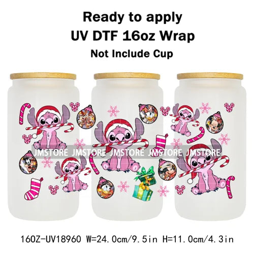 Festive Mouse Christmas Candy Cane 16OZ UV DTF Cup Wraps Ready To Apply Waterproof Transfer Stickers For Libbey Glass Can Bottle