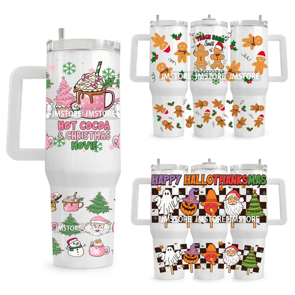 Hot Cocoa And Christmas Movies UV DTF Tumbler Wrap Transfer Stickers Custom Labels 40OZ Wraps Waterproof Christmas Gingerbread