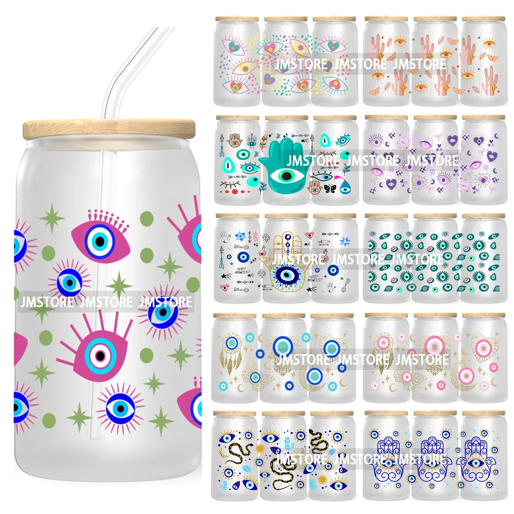 Blue Evil Eye 16OZ UV DTF Cup Wrap Transfers Stickers For Libbey Glass Can Cups Tumbler Waterproof Craft Mexican Culture Wraps