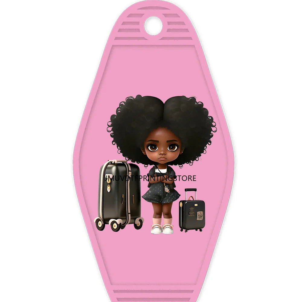 School Melanin Black Girls With Luggage High Quality WaterProof UV DTF Sticker For Motel Hotel Keychain Afro Children