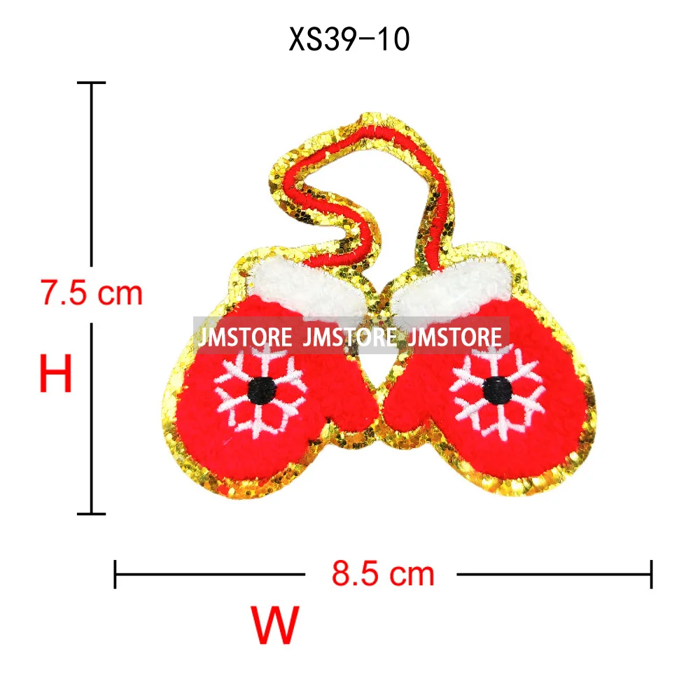 Cute Christmas Icons Jingle Bell Santa Coquette Cozy Season Glitter Applique Iron on Embroidered Chenille Patches for Clothing