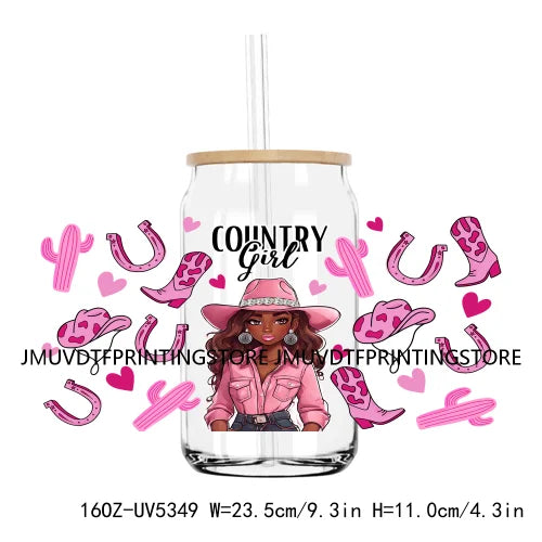 Country Girl Western Cow Hat Boots 16OZ UV DTF Cup Wrap Transfer Stickers Custom Labels DIY Waterproof Logo For Libbey Glass Can