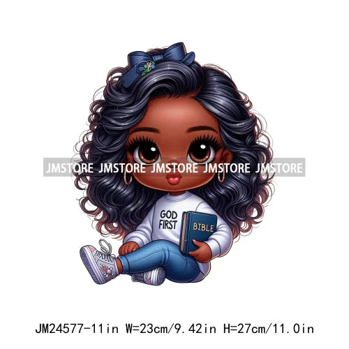 Cute God First Chibi Black Baby Girl Afro Magic Kids Coffee Woman Iron On DTF Transfer Stickers Ready To Press For Clothes Bags