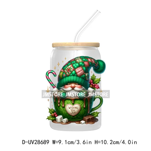 Festive Christmas Gnome Candy Cane UV DTF Transfer Stickers Decals For Libbey Cold Cups Mugs Tumbler Labels Cartoon Characters