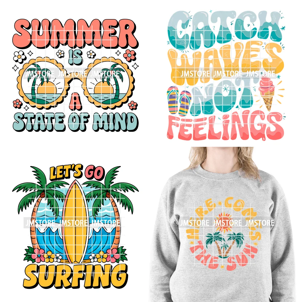 Funny Summer Quotes Sunset Palm Trees Beach Vacation Vibes Washable Iron on DTF Transfer Sticker Ready to Press for Textile Bags