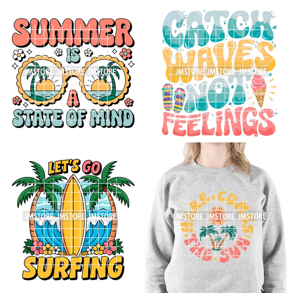 Funny Summer Quotes Sunset Palm Trees Beach Vacation Vibes Washable Iron on DTF Transfer Sticker Ready to Press for Textile Bags