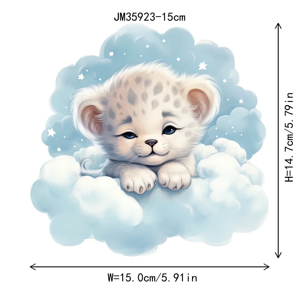 15cm 5.9in Kid Cloud Animal Tiger Lion Iron On Heat Transfer Sticker For Clothes DTF Print Vinyl Thermal Washable T-Shirt Decal