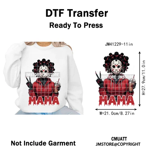 Black Girls Coffee Drinking Halloween Scary Movie Killer Mama Iron on Washable DTF Transfers Stickers Ready to Press for Clothes