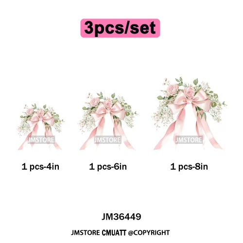 Pink Bow Silk Wedding Coquette Girl Ribbon Tied Printing Iron on DTF Thermal Transfers Stickers Ready to Press for Clothing Bags