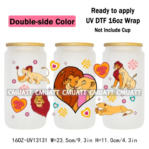 Double Side Color Cartoon Lion UV DTF Cup Wrap Transfer Stickers For 16oz Libbey Glass Beer Selfadhesive Waterproof Adhesive