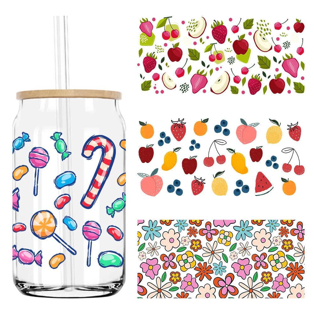 Summer Fruit Apple Orange Candy 16OZ UV DTF Cup Wrap Transfers Stickers Custom Labels DIY Waterproof Logo For Libbey Glass Can