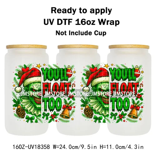Preppy Christmas Movie Killer Cartoon Bow 16OZ UV DTF Cup Wraps Ready To Apply Waterproof Transfer Stickers For Libbey Glass Can