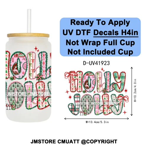 Christmas Santa Claus Patchwork UV DTF Decals Ready To Apply Waterproof Transfer Stickers DIY Crafts For 16OZ Libbey Glass Can