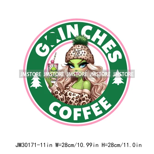 Green Bougie Lady Coffee Leopard Christmas Holiday Season Iron On DTF Transfers Stickers Ready To Press For T-shirts Bags