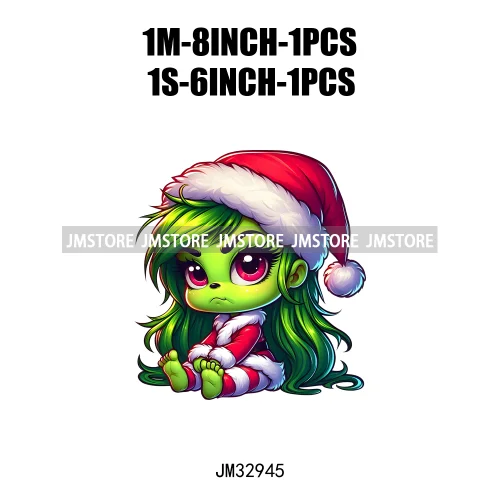 Cute Green Baby Cartoon Santa Claus Christmas Vibes Xmas Holiday Iron On DTF Transfers Stickers Ready To Press For Sweatshirts