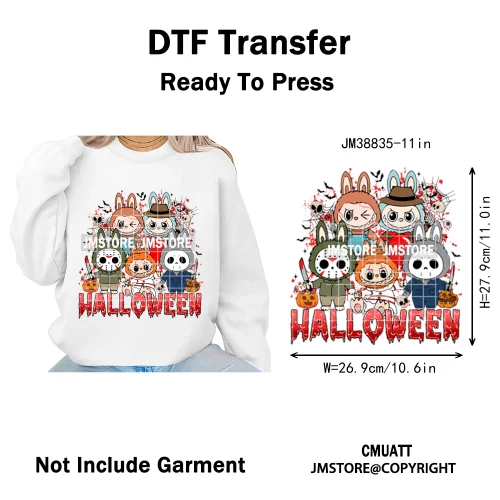 Cute Checkered Spooky Doll Monster Characters Halloween Iron on DTF Washable Heat Transfers Stickers Ready to Press for Textile